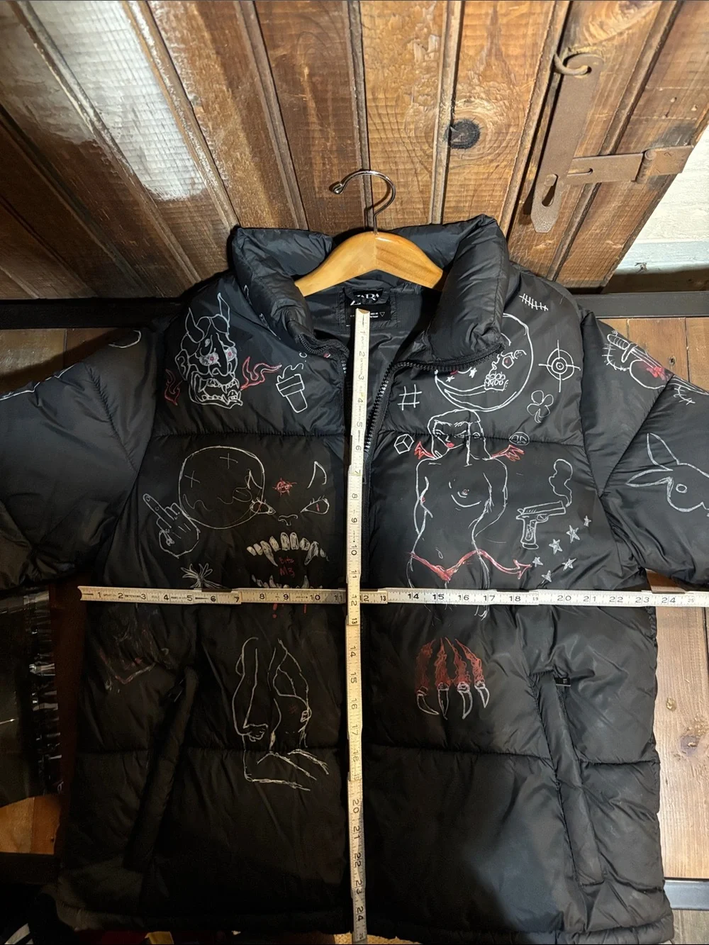 ZARA Black Puffer Jacket with White & Red Custom Painted Graphics